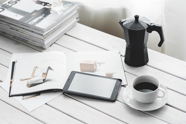 technology, tablet, digital tablet, computer, device, desk, coffee, cup, magazines, coffee cup, leisure